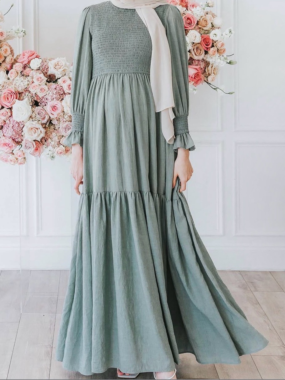 IVY CITY x LEENA Modest Sage Green Maxi Dress with Smocked Bodice